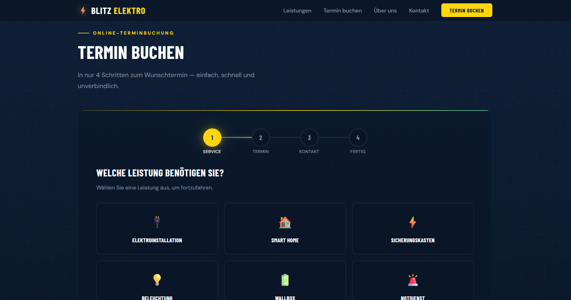 Screenshot der Blitz Elektroservice Web-App — Online-Terminbuchung für Elektriker